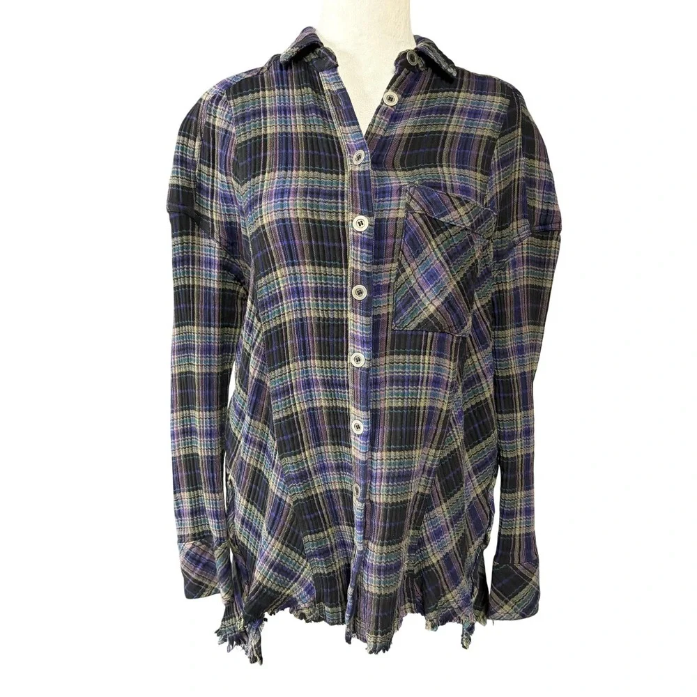 Free People Shirt Womens XS Purple Plaid Button Front Frayed Hem Tunic‎ Top